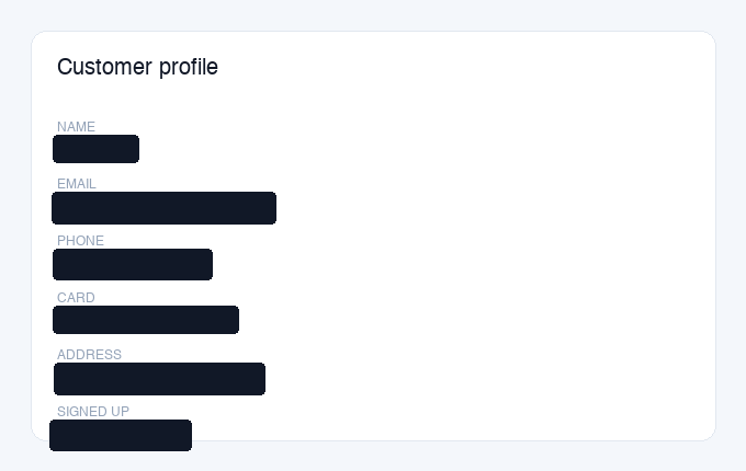 A screenshot with names, emails and card numbers blacked out by Privshot