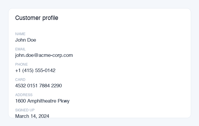Screenshot of a customer profile with a visible name, email, phone number, card number and address